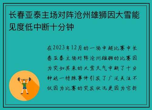 长春亚泰主场对阵沧州雄狮因大雪能见度低中断十分钟 长春亚泰主场对阵沧州雄狮因大雪能见度低中断十分钟