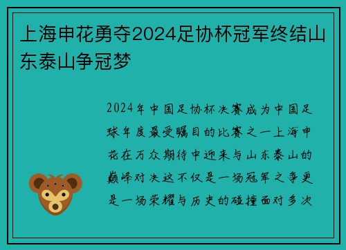 上海申花勇夺2024足协杯冠军终结山东泰山争冠梦 上海申花勇夺2024足协杯冠军终结山东泰山争冠梦