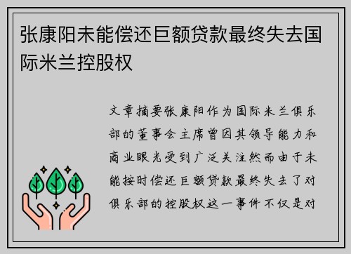 张康阳未能偿还巨额贷款最终失去国际米兰控股权