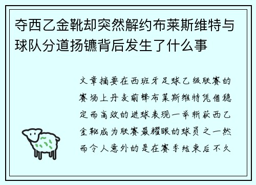 夺西乙金靴却突然解约布莱斯维特与球队分道扬镳背后发生了什么事